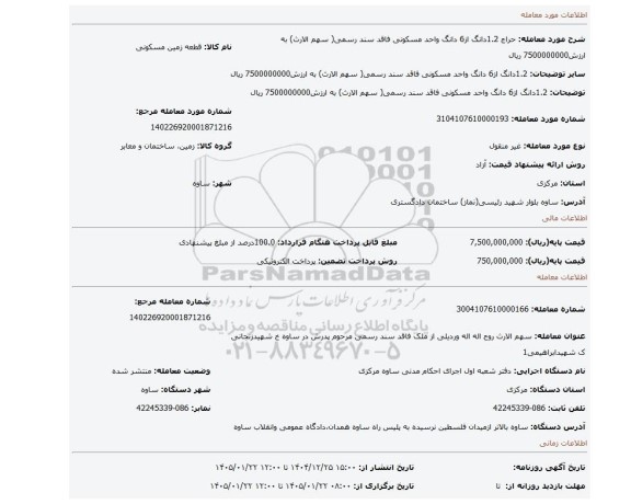 مزایده، 1.2دانگ از6 دانگ واحد مسکونی فاقد سند رسمی( سهم الارث) به ارزش7500000000 ریال