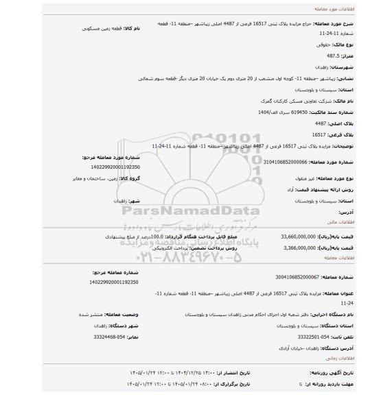 مزایده، مزایده پلاک ثبتی 16517 فرعی از 4487 اصلی زیباشهر –منطقه 11- قطعه شماره 11-24-11