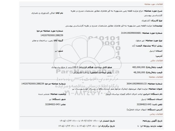 مزایده، مزایده قطعه زمین مشهوربه ننه قیز هاماری مطابق مشخصات مندرج در نظریه کارشناسی پیوستی
