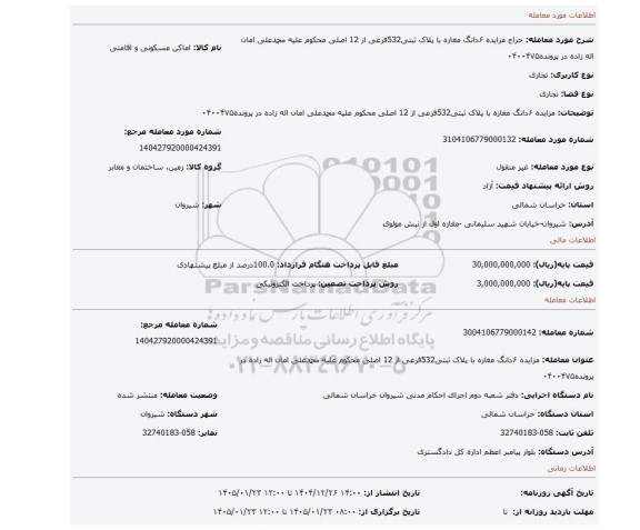 مزایده، مزایده ۶دانگ مغازه با پلاک ثبتی532فرعی از 12 اصلی محکوم علیه محمدعلی امان اله زاده در پرونده۰۴۰۰۴۷۵