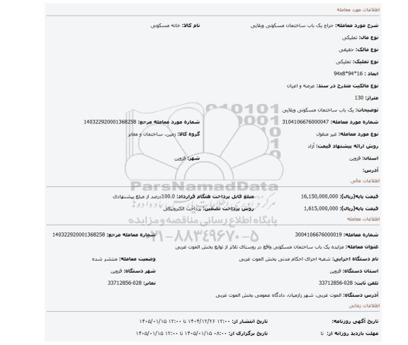 مزایده، یک باب ساختمان مسکونی ویلایی