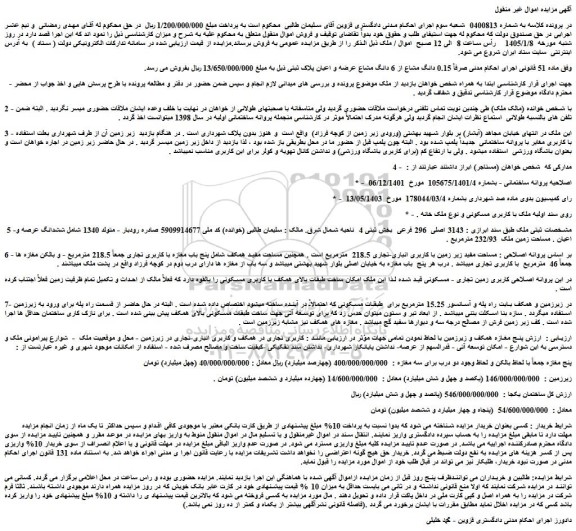 مزایده 0.15 دانگ مشاع از 6 دانگ مشاع عرضه و اعیان پلاک ثبتی 