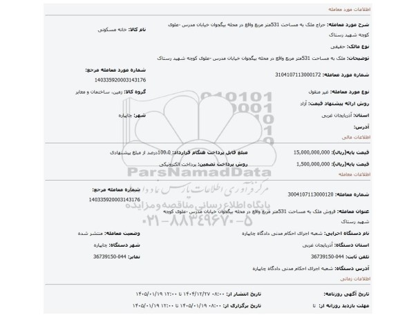 مزایده، ملک به مساحت 531متر مربع واقع در محله بیگجوان خیابان مدرس -علوی کوچه شهید رستاک