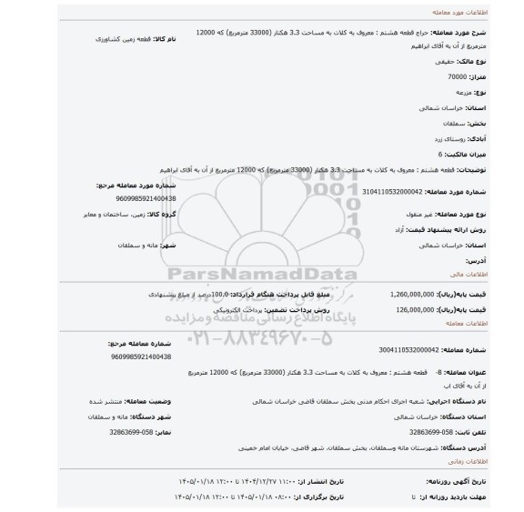 مزایده، قطعه هشتم : معروف به کلات به مساحت 3.3 هکتار (33000 مترمربع) که 12000 مترمربع از آن به آقای ابراهیم