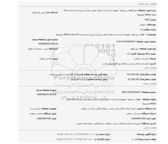مزایده،   قطعه سیزدهم : معروف به راسته با حقابه عرفی مدار آبی روستا به مساحت 0.9 هکتار (9000 مترمربع)