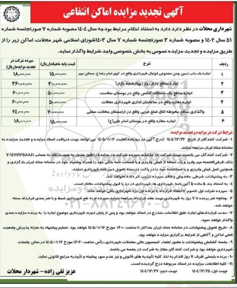 تجدید مزایده اماکن انتفاعی ...