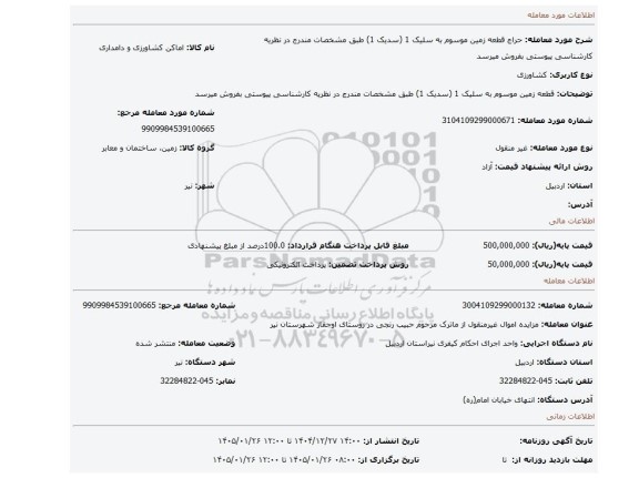 مزایده، قطعه زمین موسوم به سلیک 1 (سدیک 1) طبق مشخصات مندرج در نظریه کارشناسی پیوستی بفروش میرسد