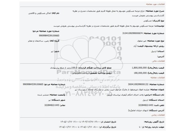 مزایده، عرصه مسکونی  موسوم به محل طویله قدیم  طبق مشخصات مندرج در نظریه کارشناسی پیوستی بفروش میرسد