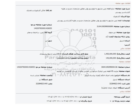 مزایده، قطعه زمین مشهور به توتونسوز یولی  مطابق مشخصات مندرج در نظریه کارشناسی پیوستی