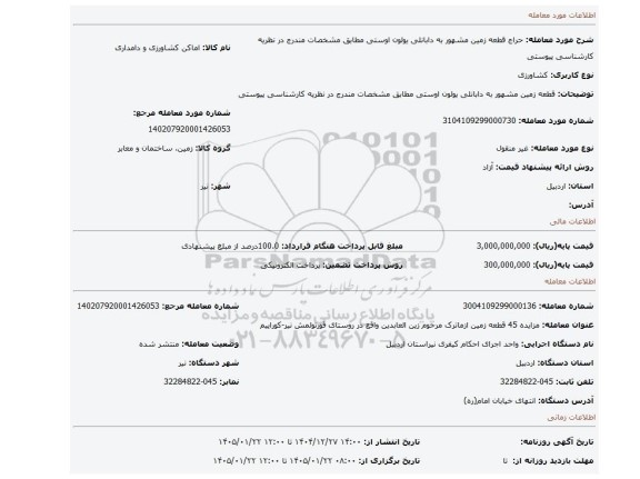 مزایده، قطعه زمین مشهور به دابانلی یولون اوستی  مطابق مشخصات مندرج در نظریه کارشناسی پیوستی