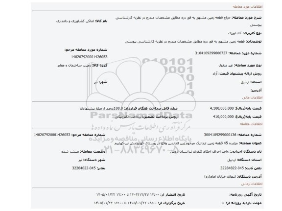 مزایده، قطعه زمین مشهور به قور دره   مطابق مشخصات مندرج در نظریه کارشناسی پیوستی