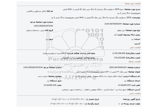 مزایده، 5979 ده هزارم دانگ مشاع از 6 دانگ  ثبتی ملک 33 فرعی از 5441 اصلی مفروزومجزی از 76 بخش 2 یزد