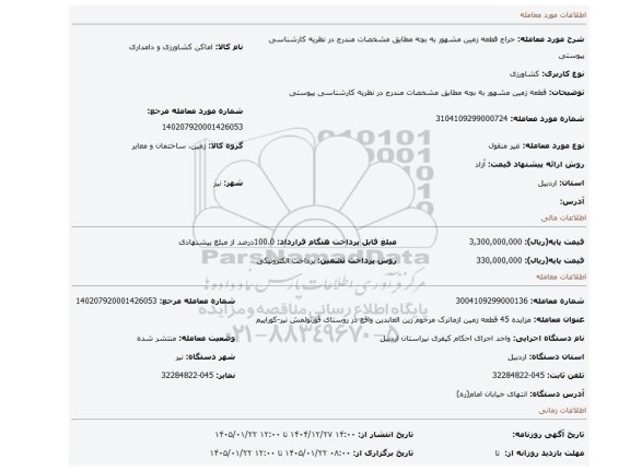 مزایده، قطعه زمین مشهور به بچه  مطابق مشخصات مندرج در نظریه کارشناسی پیوستی