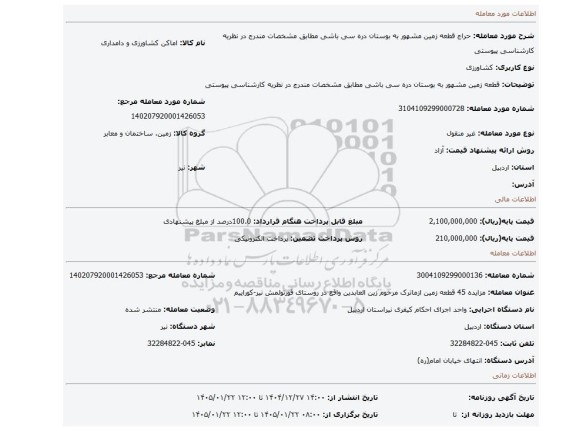 مزایده، قطعه زمین مشهور به بوستان دره سی باشی مطابق مشخصات مندرج در نظریه کارشناسی پیوستی
