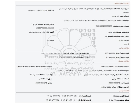 مزایده، قطعه زمین مشهور به دولو   مطابق مشخصات مندرج در نظریه کارشناسی پیوستی