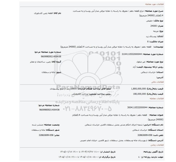 مزایده،   قطعه دهم : معروف به راسته با حقابه عرفی مدار آبی روستا و به مساحت 2.4هکتار (24000 مترمربع)
