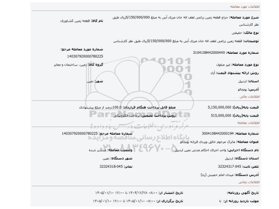مزایده، قطعه زمین زراعی  لطف اله خان مرزی    آبی    به مبلغ  5/150/000/000ریال طبق نظر کارشناس