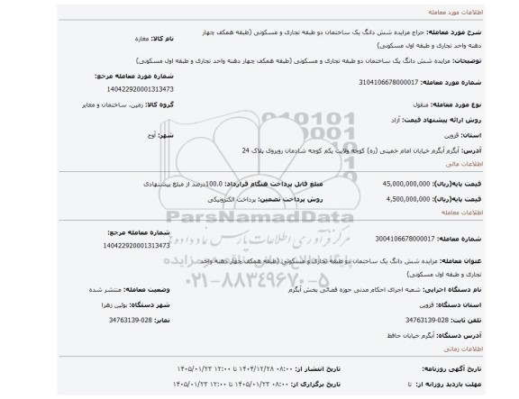 مزایده، مزایده شش دانگ یک ساختمان دو طبقه تجاری و مسکونی (طبقه همکف چهار دهنه واحد تجاری و طبقه اول مسکونی)