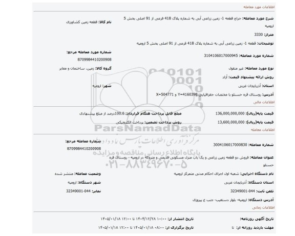 مزایده،  قطعه 1- زمین زراعی آبی به شماره پلاک 418 فرعی از 91 اصلی بخش 5 ارومیه