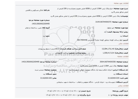 مزایده، پلاک ثبتی 11564 فرعی از 6556 اصلی مفروز و مجزاشده از 239 فرعی از اصلی مذکور بخش 8 یزد