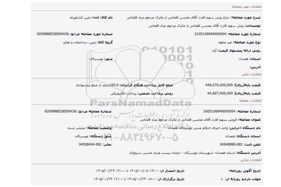 مزایده، روش سهم الارث آقای محسن قلخانی از ماترک مرحوم مراد قلخانی