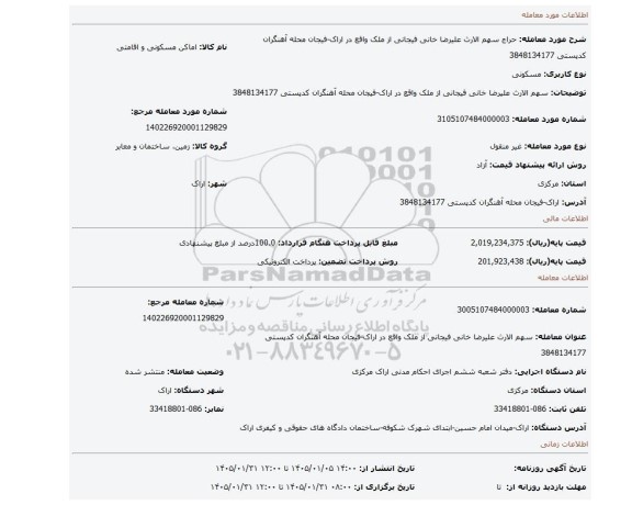 مزایده، سهم الارث علیرضا خانی فیجانی از ملک واقع در اراک-فیجان محله آھنگران کدپستی 3848134177