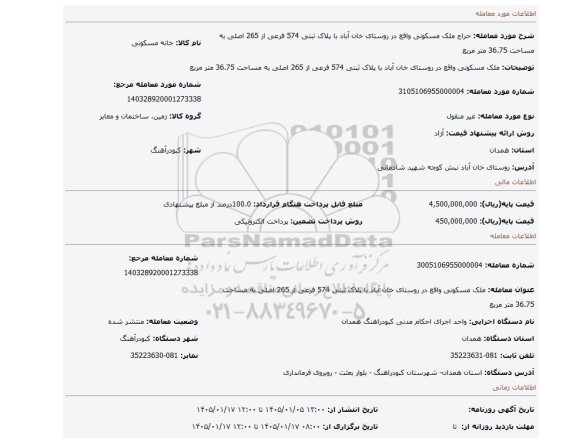 مزایده، ملک مسکونی واقع در روستای خان آباد با پلاک ثبتی 574 فرعی از 265 اصلی به مساحت 36.75 متر مربع
