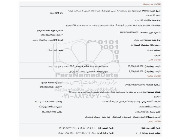 مزایده، مغازه دو و نیم طبقه به آدرس کبودراهنگ خیابان امام خمینی با مساحت عرصه حدود 50 مترمربع