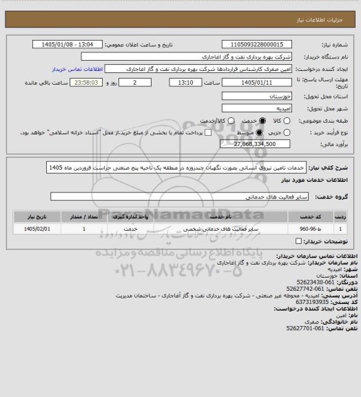 استعلام خدمات تامین نیروی انسانی بصورت نگهبان چندروزه در منطقه یک ناحیه پنج صنعتی حراست فروردین ماه 1405