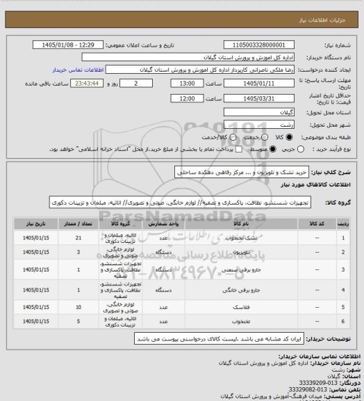 استعلام خرید تشک و تلویزیون و ... مرکز رفاهی دهکده ساحلی
