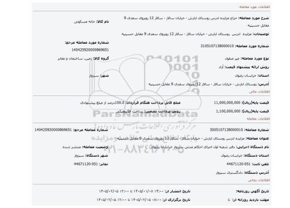 مزایده،  مزایده  ادرس  روستای ابارش - خیابان سالار - سالار 12 روبروی سعدی 9 مقابل حسینیه