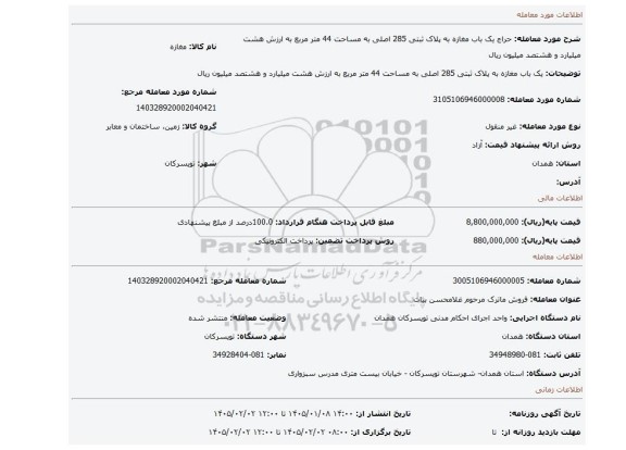 مزایده، یک باب مغازه به پلاک ثبتی 285 اصلی به مساحت 44 متر مربع به ارزش هشت میلیارد و هشتصد میلیون ریال