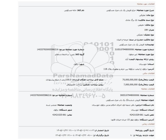 مزایده، فروش یک باب منزل مسکونی