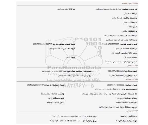 مزایده، فروش یک باب منزل مسکونی