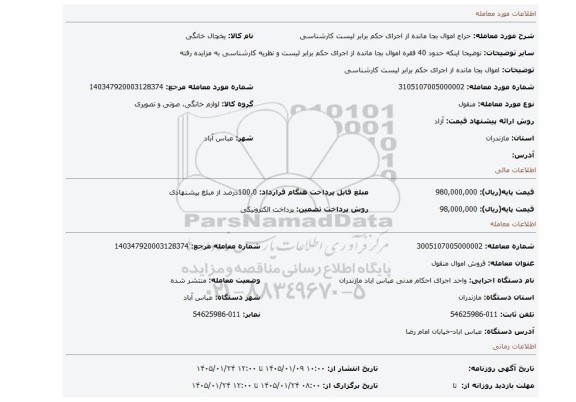مزایده، اموال بجا مانده از اجرای حکم برابر لیست کارشناسی