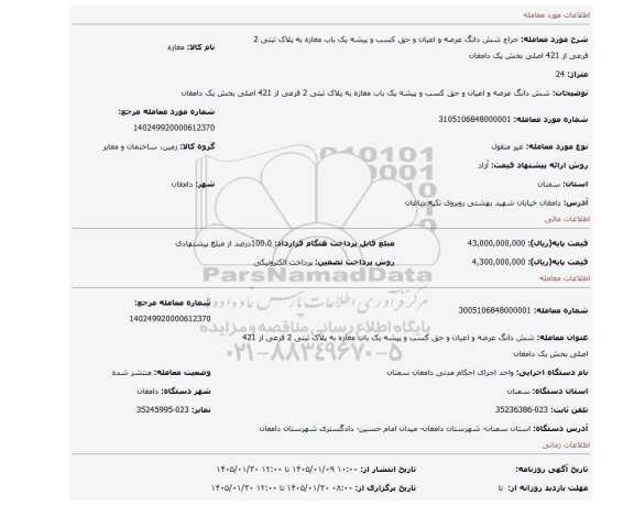 مزایده، شش دانگ عرصه و اعیان و حق کسب و پیشه یک باب مغازه به پلاک ثبتی 2 فرعی از 421 اصلی بخش یک دامغان