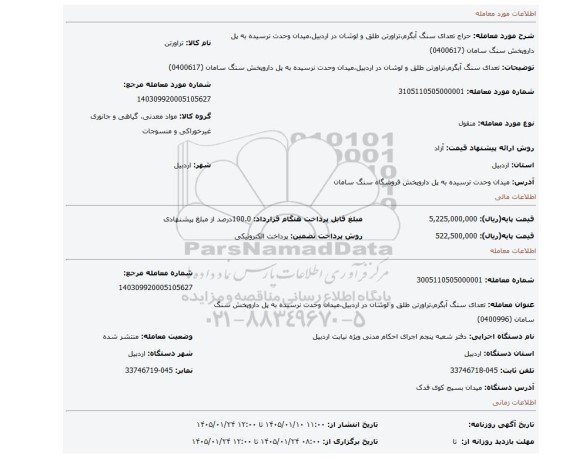 مزایده، تعدای سنگ آبگرم،تراورتن طلق و لوشان در اردبیل،میدان وحدت نرسیده به پل داروپخش سنگ سامان (0400617)