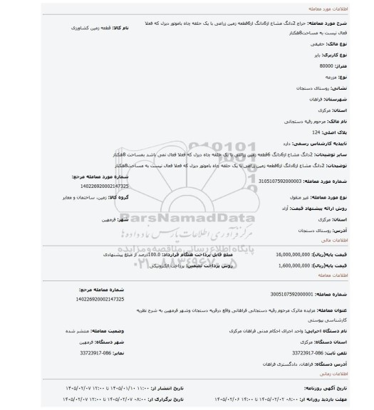 مزایده، 2دانگ مشاع از6دانگ از6قطعه زمین زراعی با یک حلقه چاه باموتور دیزل که فعلا فعال نیست به مساحت8هکتار