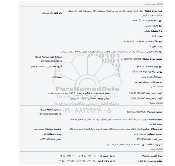 مزایده، فروش شش دانگ  یک باب ساختمان مسکونی واقع در روستای فیض اباد متعلق به اقای سعید شکرانی