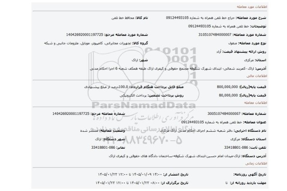 مزایده، خط تلفن همراه به شماره 09124493105