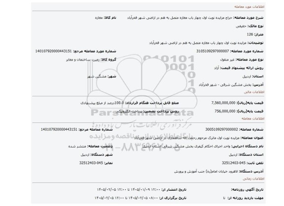مزایده، مزایده نوبت اول چهار باب مغازه متصل به هم در اراضی شهر فخرآباد