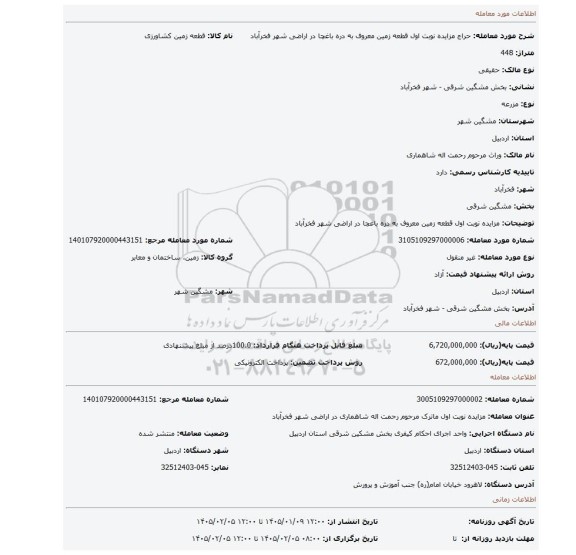 مزایده، مزایده نوبت اول قطعه زمین معروف به دره باغچا در اراضی شهر فخرآباد
