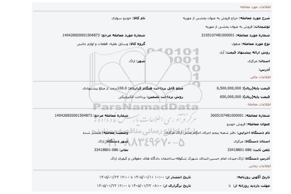 مزایده، فروش به عنوان بخشی از مهریه