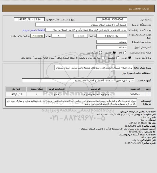استعلام پروژه اصلاح شبکه و انشعابات روستاهای مجتمع ثامن میامی استان سمنان