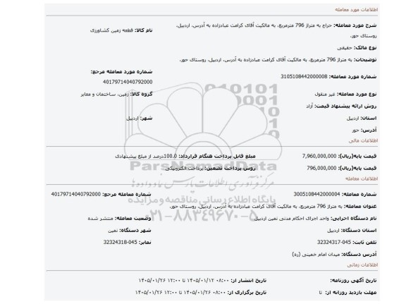 مزایده،  به متراژ 796 مترمربع، به مالکیت آقای کرامت عبادزاده به آدرس، اردبیل، روستای حور،