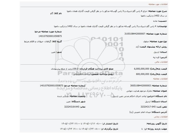 مزایده،  4 راس گاو شیری و 3 راس گوساله مذکور با در نظر گرفتن قیمت گذاری همان دامها در سال 1402 و ترکیب دامها