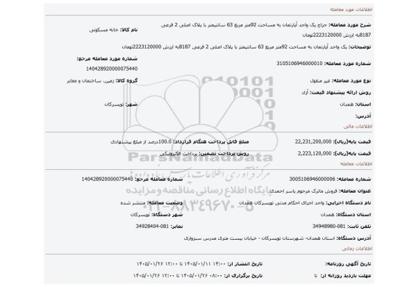 مزایده، یک واحد آپارتمان به مساحت 92متر مربع 63 سانتیمتر با پلاک  اصلی  2 فرعی 8187به ارزش 2223120000تومان