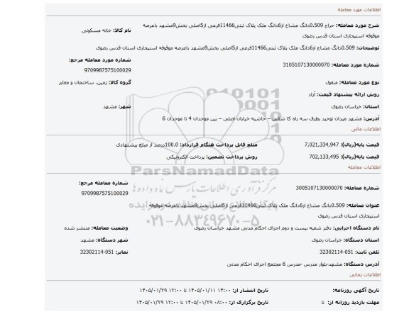 مزایده، 0.509دانگ مشاع از6دانگ ملک پلاک ثبتی11466فرعی از5اصلی بخش9مشهد باعرصه موقوفه استیجاری استان قدس رضوی