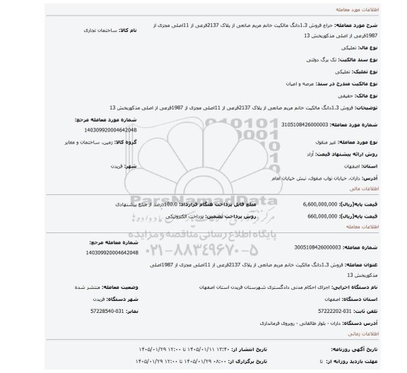 مزایده، فروش 1.3دانگ مالکیت خانم مریم صانعی از پلاک 2137فرعی از 11اصلی مجزی از 1987فرعی از اصلی مذکوربخش 13