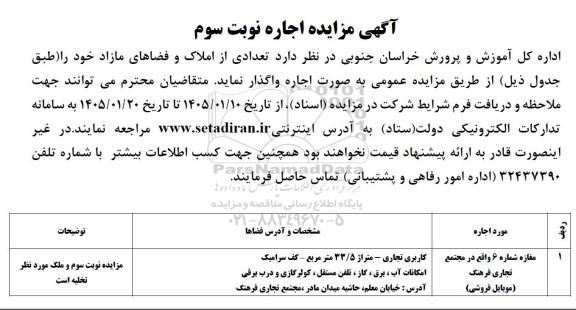 مزایده تعدادی از املاک و فضاهای مازاد نوبت دوم 